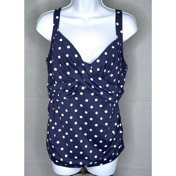 Lands End Tankini Swim Top Plus Size 18W V Neck Wrap Underwire Navy Polka Dot - Picture 1 of 11